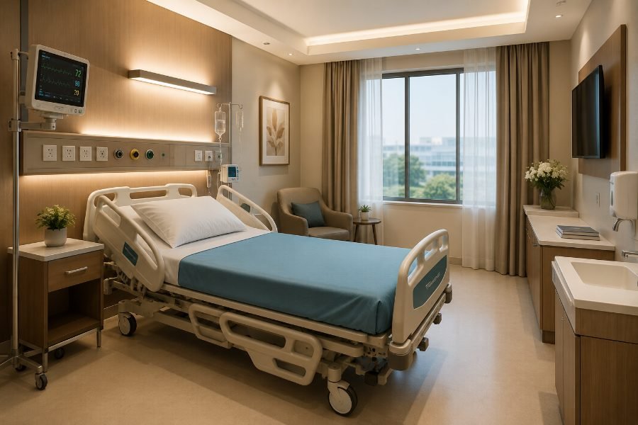 Hospital patient room with an OrthoSleep institutional mattress
