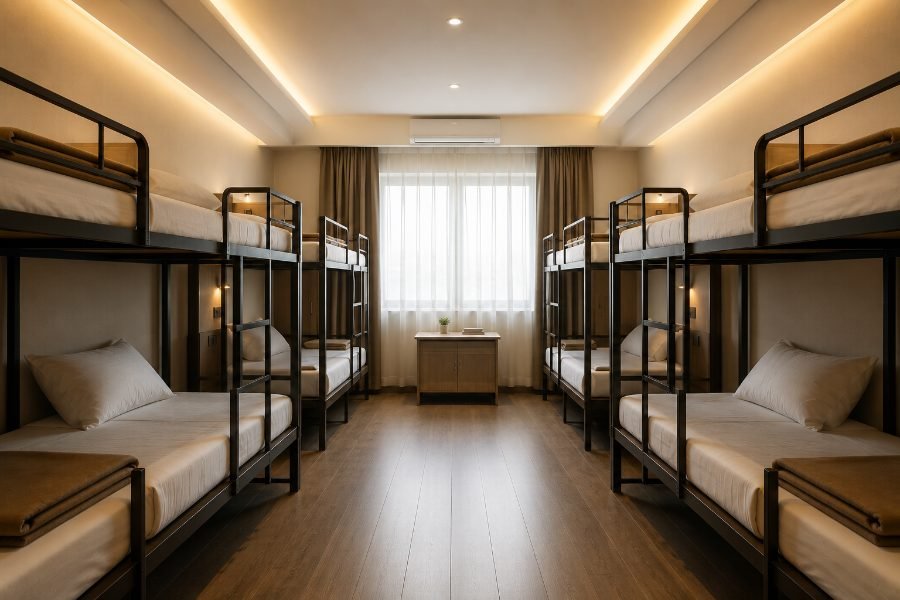Hostel dormitory of bunk beds with OrthoSleep mattresses